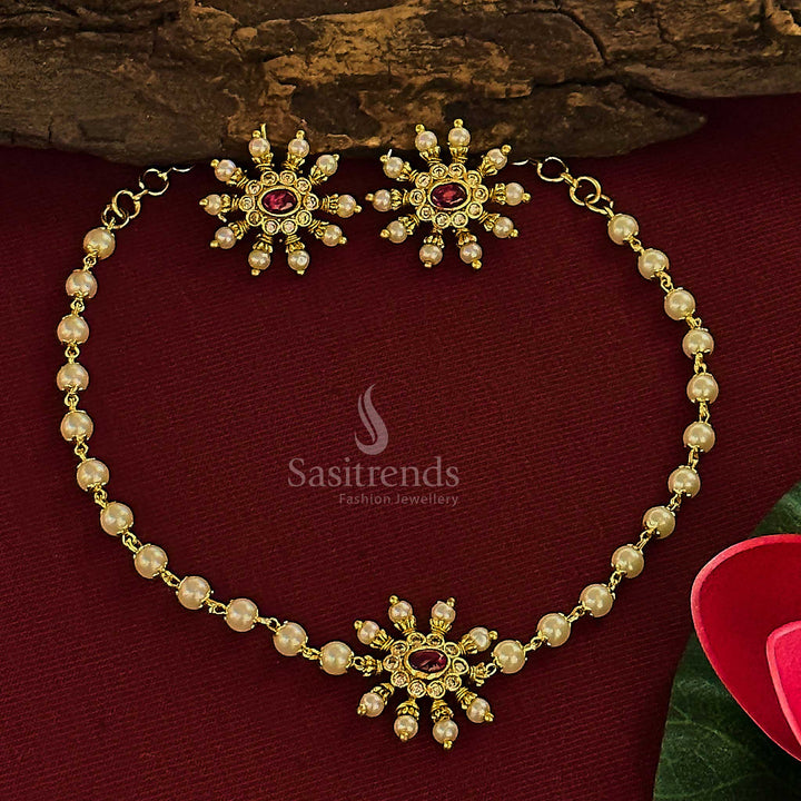 Stunning ruby and white choker jewellery set with matte gold floral pearl design and temple kemp jhumkas – Sasitrends