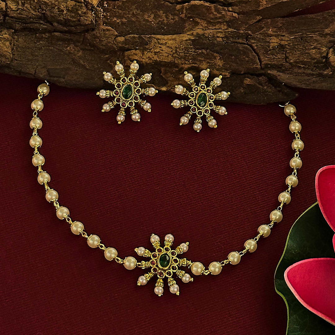 Ethnic choker jewellery set in matte finish gold with green-ruby kemp stones and intricate jhumka pair – Sasitrends