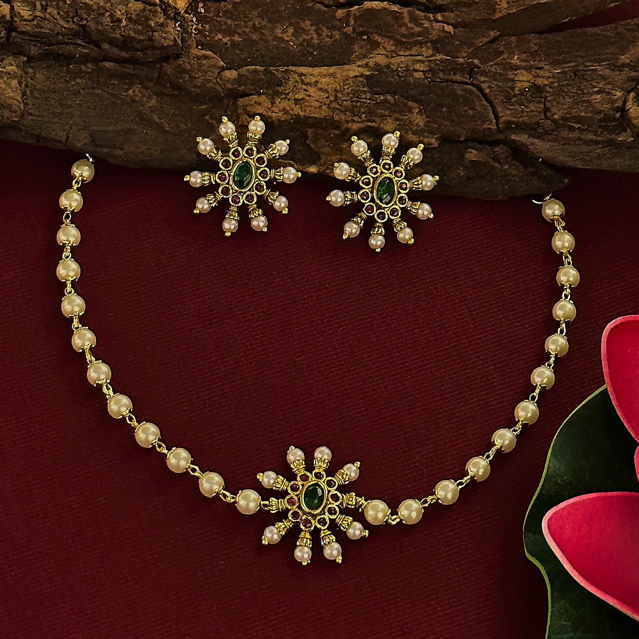 Ethnic choker jewellery set in matte finish gold with green-ruby kemp stones and intricate jhumka pair – Sasitrends
