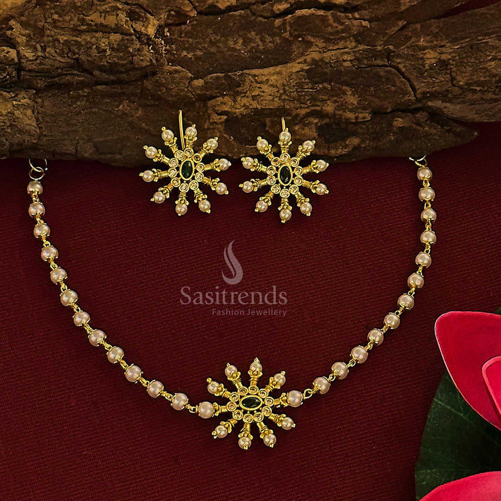 Matte gold temple choker set with kemp stones in green-white combo, delicate pearls and jhumkas – Sasitrends