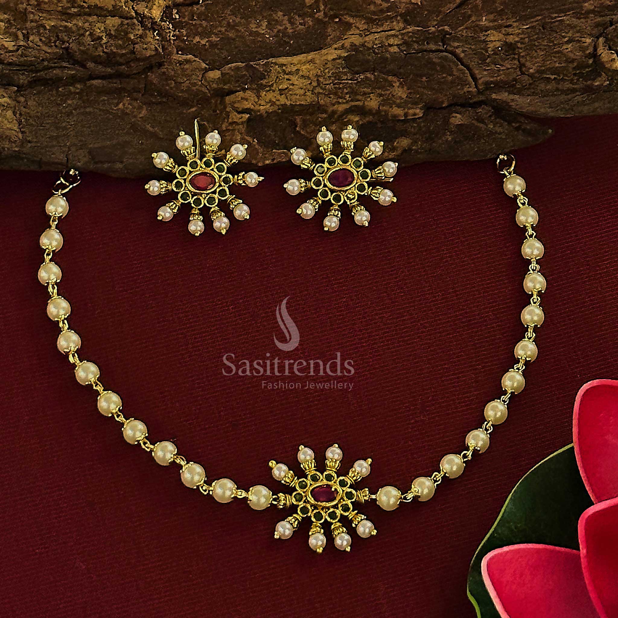 Exquisite ruby and green temple style pearl choker set with antique matte gold plating and matching jhumkas – Sasitrends