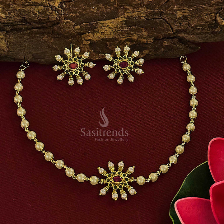 Exquisite ruby and green temple style pearl choker set with antique matte gold plating and matching jhumkas – Sasitrends