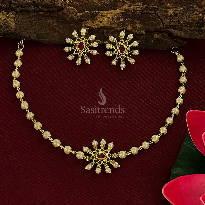 Elegant full ruby temple choker jewellery set with matte gold floral design and pearl-draped jhumkas – Sasitrends