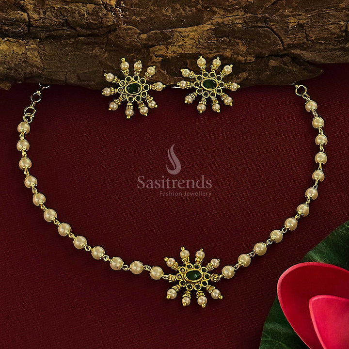 Ethnic full green choker jewellery set in matte gold with floral pearls and handcrafted jhumkas – Sasitrends
