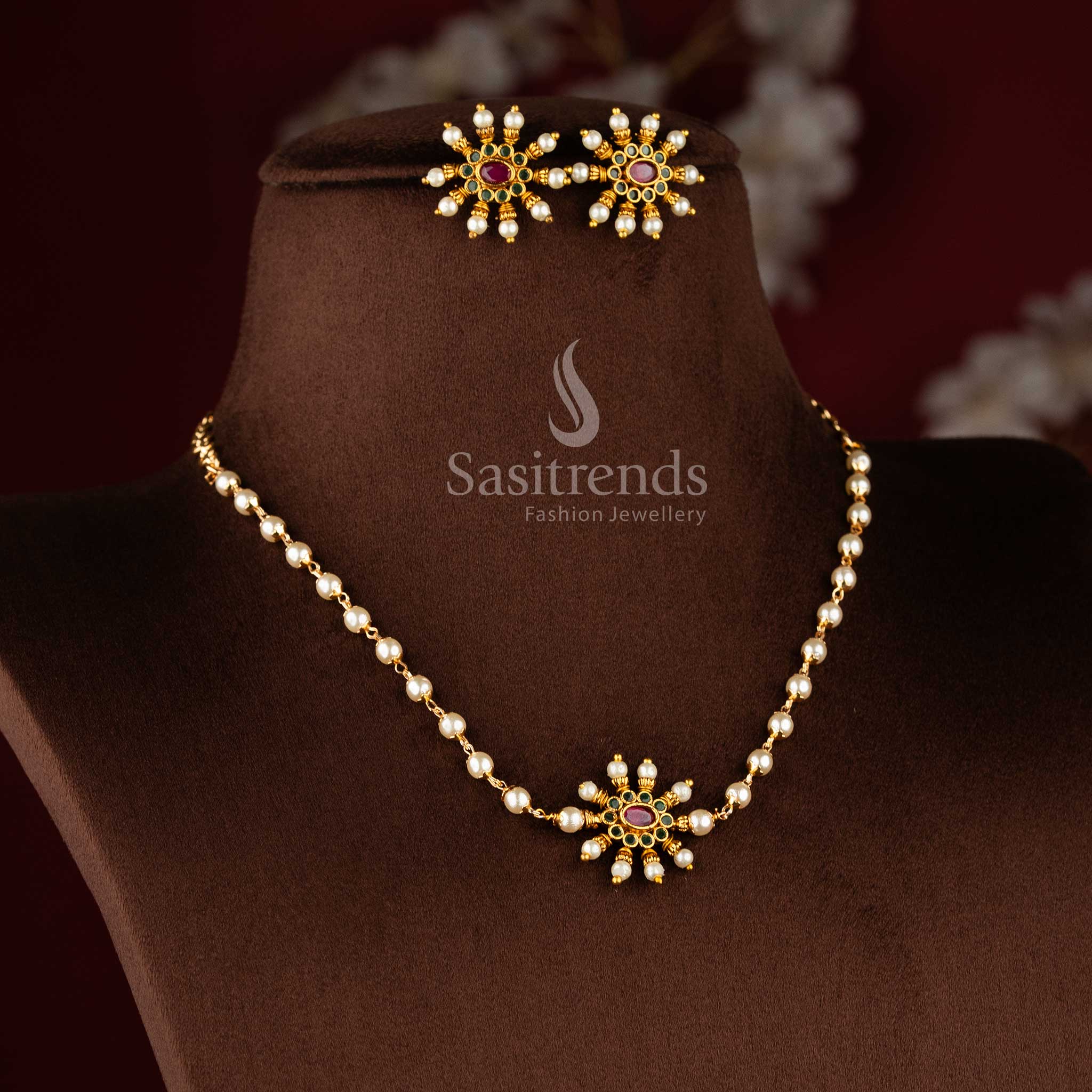 Premium quality temple matte gold plated floral pearl choker necklace set with green kemp stones 1949 - Sasitrends