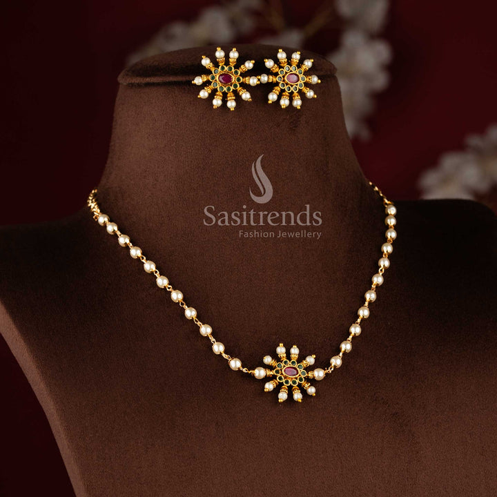 Premium quality temple matte gold plated floral pearl choker necklace set with green kemp stones 1949 - Sasitrends
