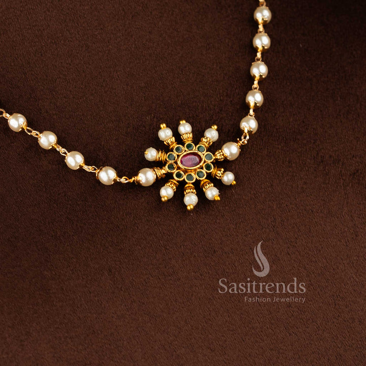 Detailed view of 1949 temple jewellery set with matching floral stud earrings and pearl accents - Sasitrends
