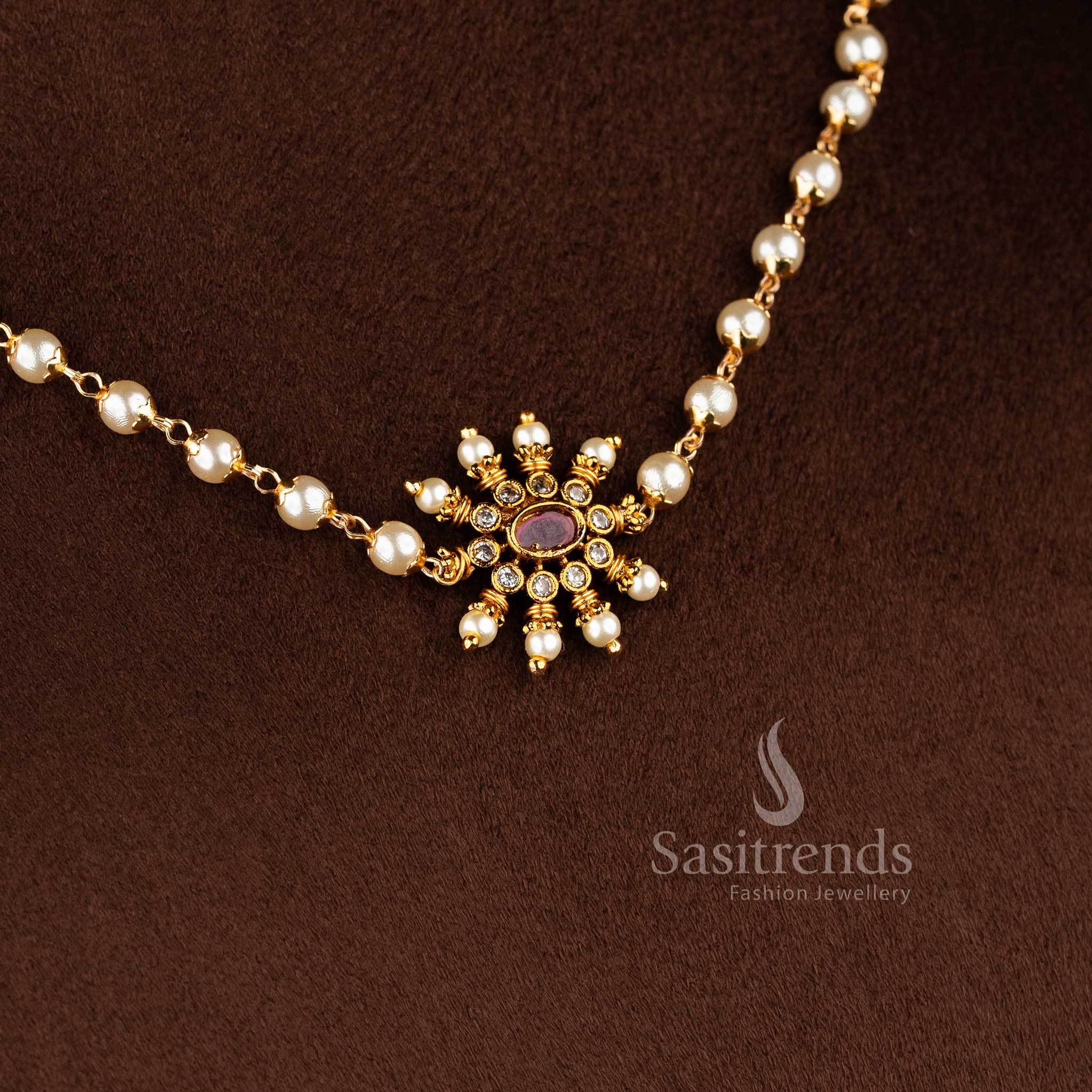 Premium quality temple matte gold plated floral pearl choker necklace set with green kemp stones 1949 - Sasitrends