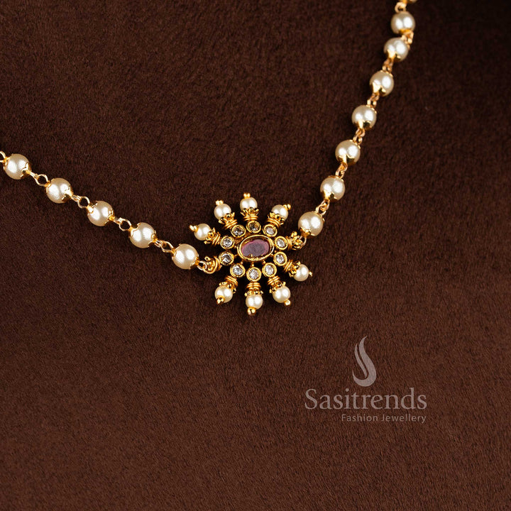 Premium quality temple matte gold plated floral pearl choker necklace set with green kemp stones 1949 - Sasitrends