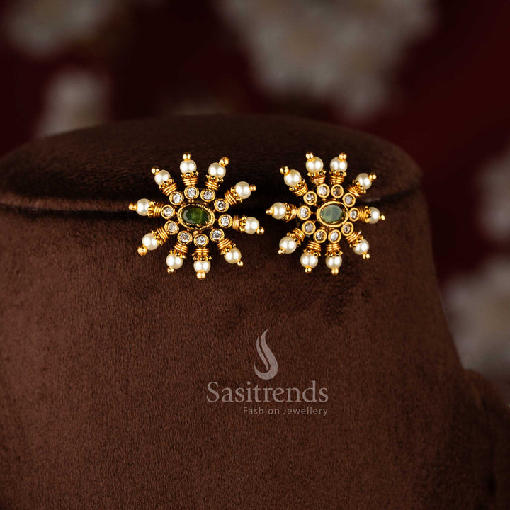 Temple jewellery set with matching floral stud earrings and pearl accents - Sasitrends