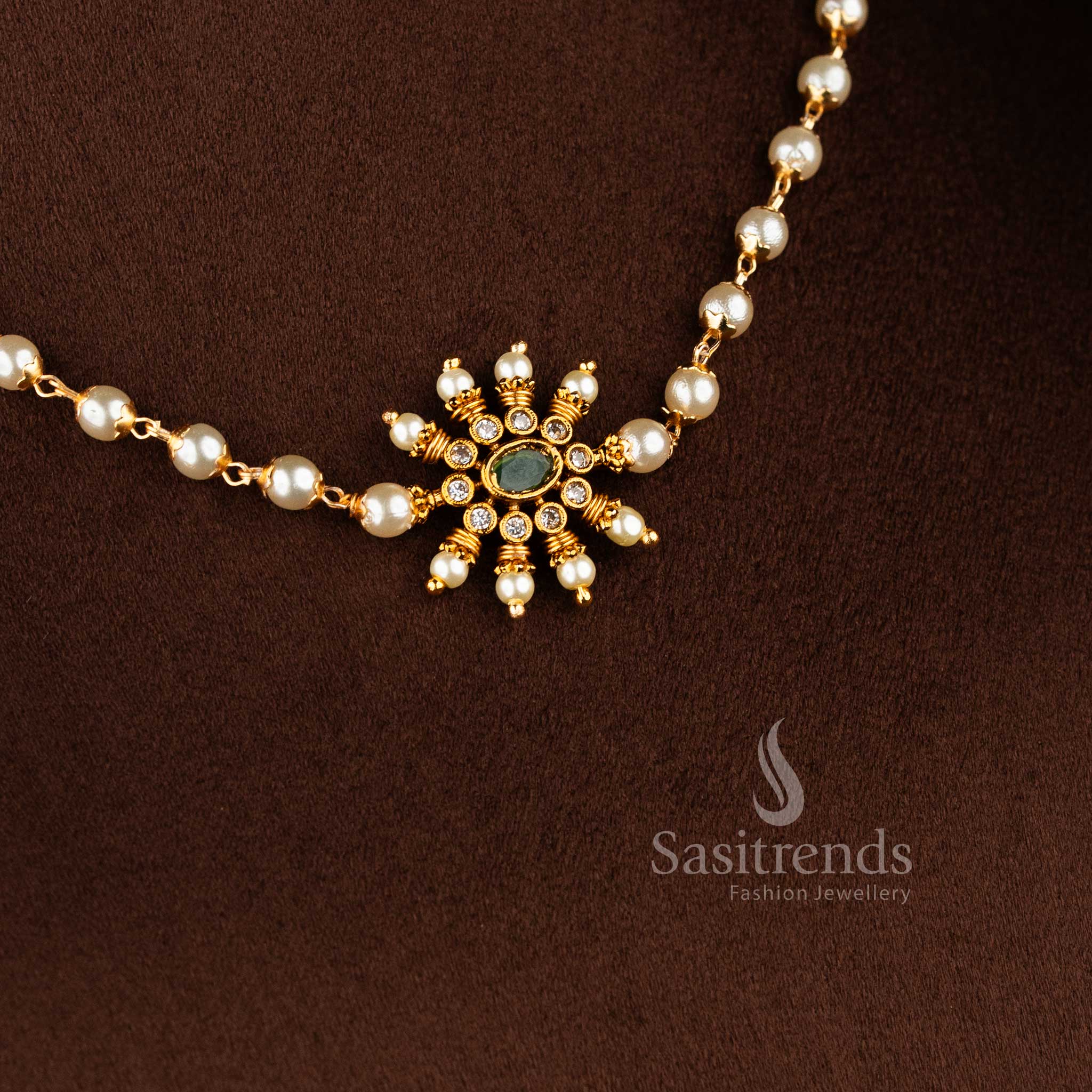Detailed view of 1949 temple jewellery set with matching floral stud earrings and pearl accents - Sasitrends