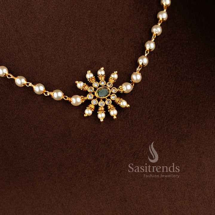 Detailed view of 1949 temple jewellery set with matching floral stud earrings and pearl accents - Sasitrends