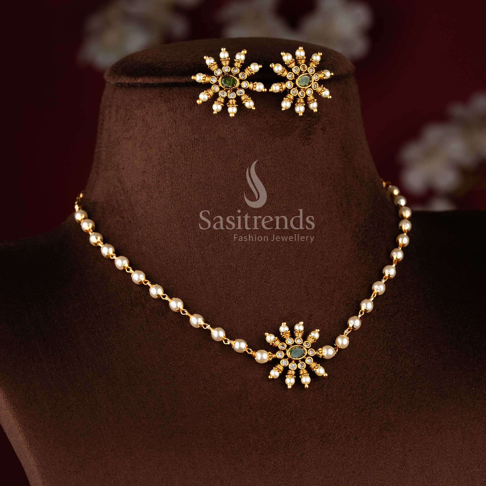 Temple jewellery set with matching floral stud earrings and pearl accents - Sasitrends
