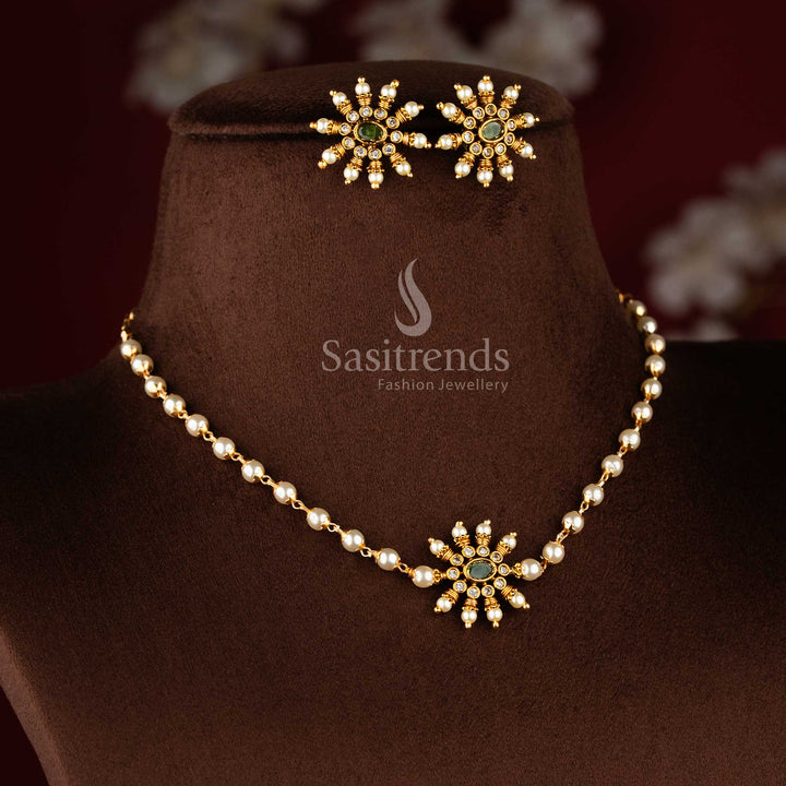 Temple jewellery set with matching floral stud earrings and pearl accents - Sasitrends