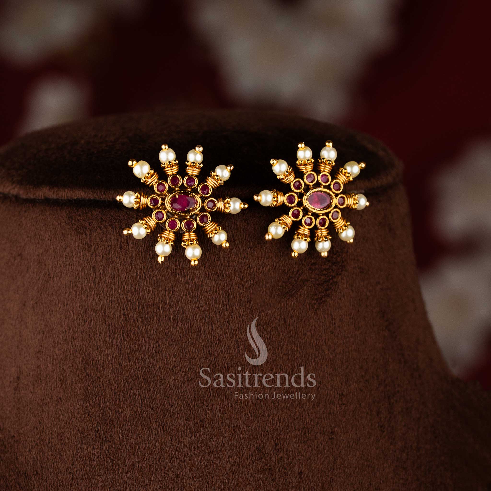 Detailed view of 1949 temple jewellery set with matching floral stud earrings and pearl accents - Sasitrends