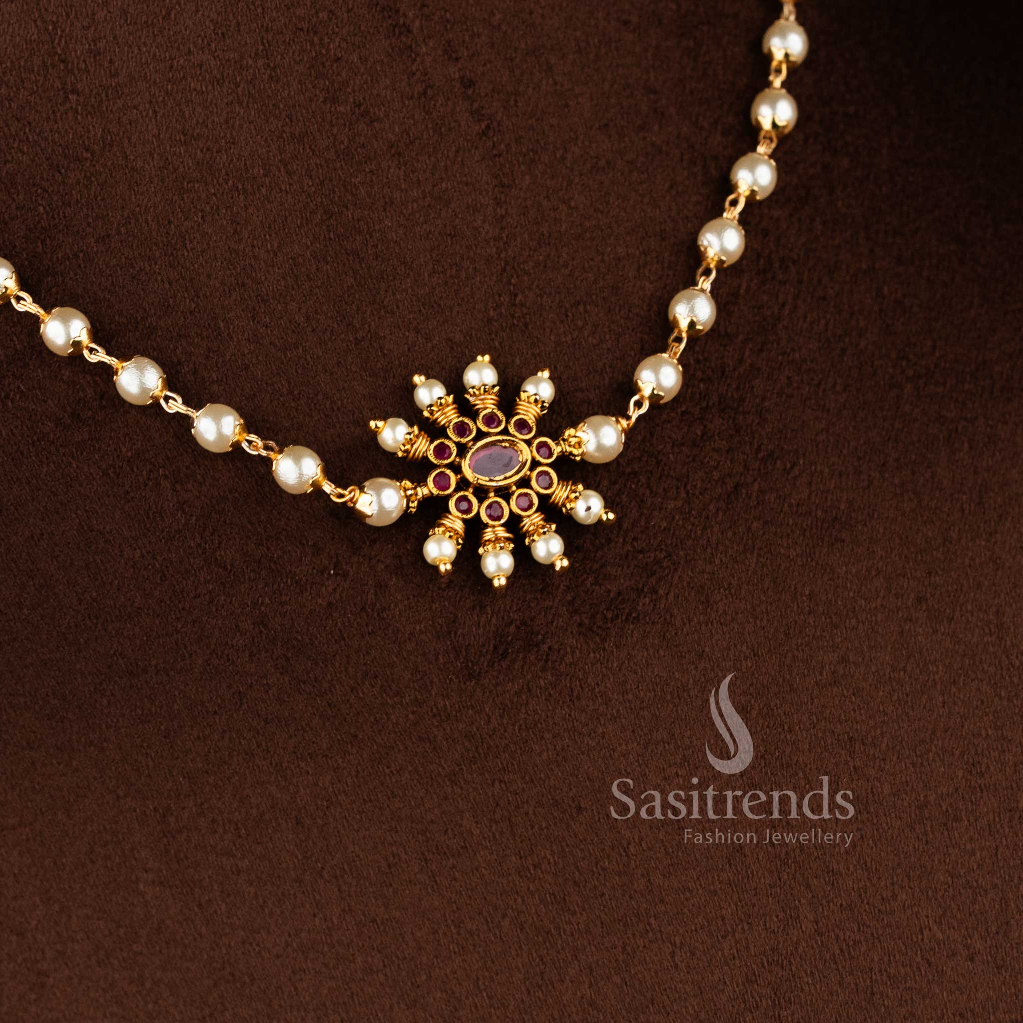 Detailed view of 1949 temple jewellery set with matching floral stud earrings and pearl accents - Sasitrends