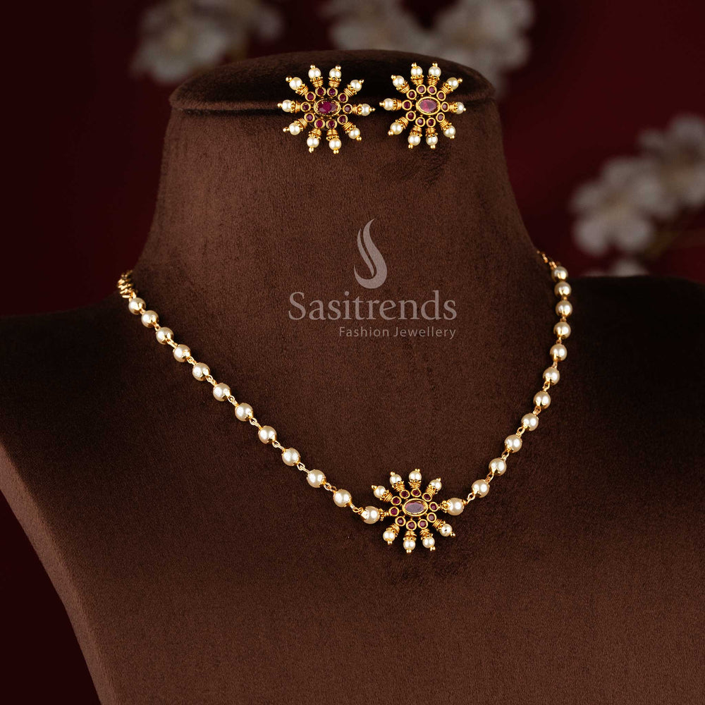 Temple jewellery set with matching floral stud earrings and pearl accents - Sasitrends