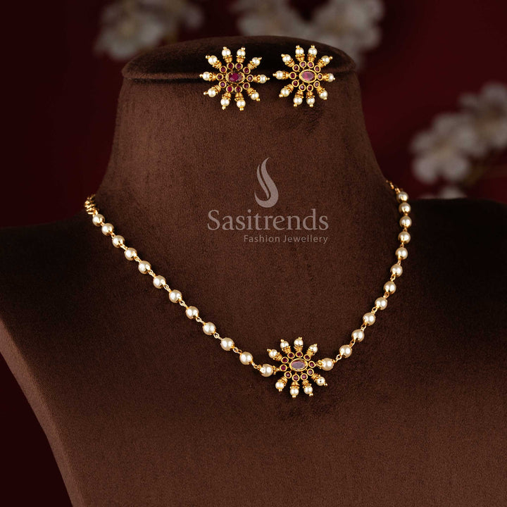 Temple jewellery set with matching floral stud earrings and pearl accents - Sasitrends