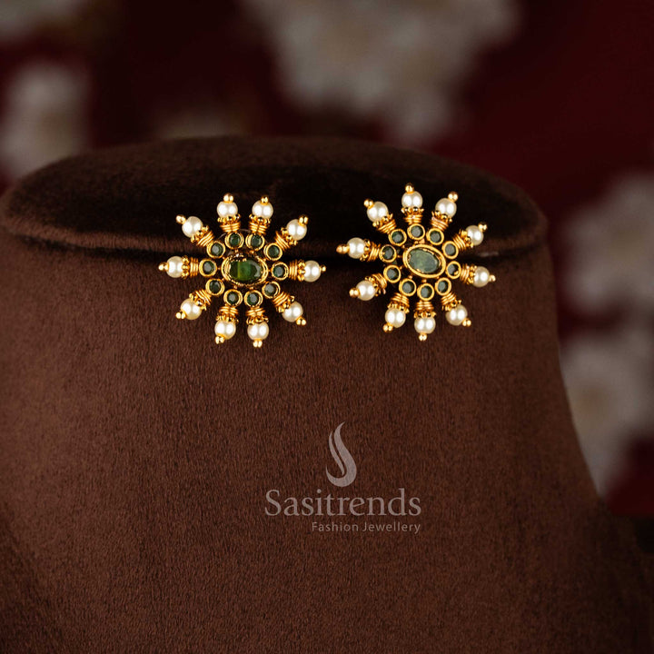 Temple jewellery set with matching floral stud earrings and pearl accents - Sasitrends