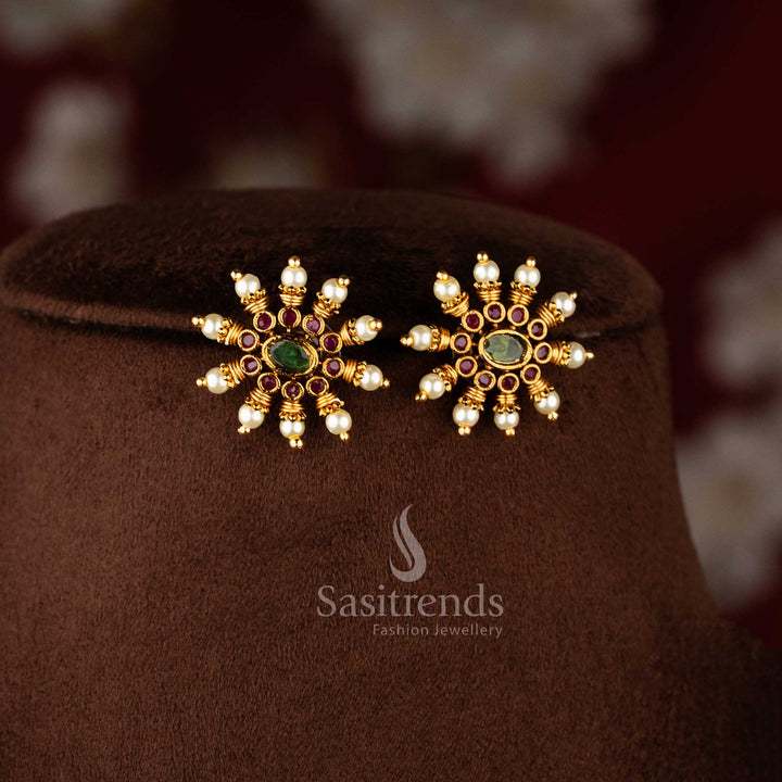 Green Ruby Temple jewellery set with matching floral stud earrings and pearl accents - Sasitrends