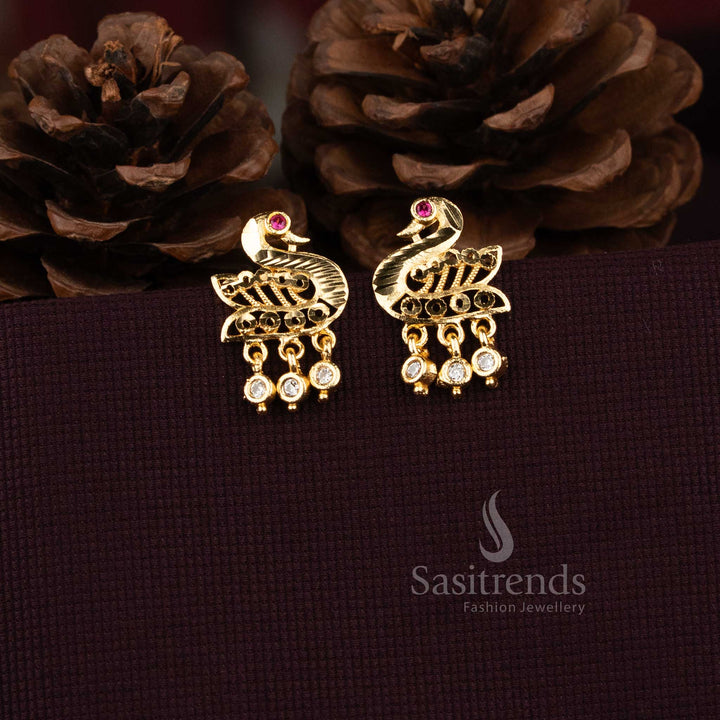 Guaranteed One Gram Micro Gold Plated Swan Design Stone Drop Earrings | Elegant Traditional Wear