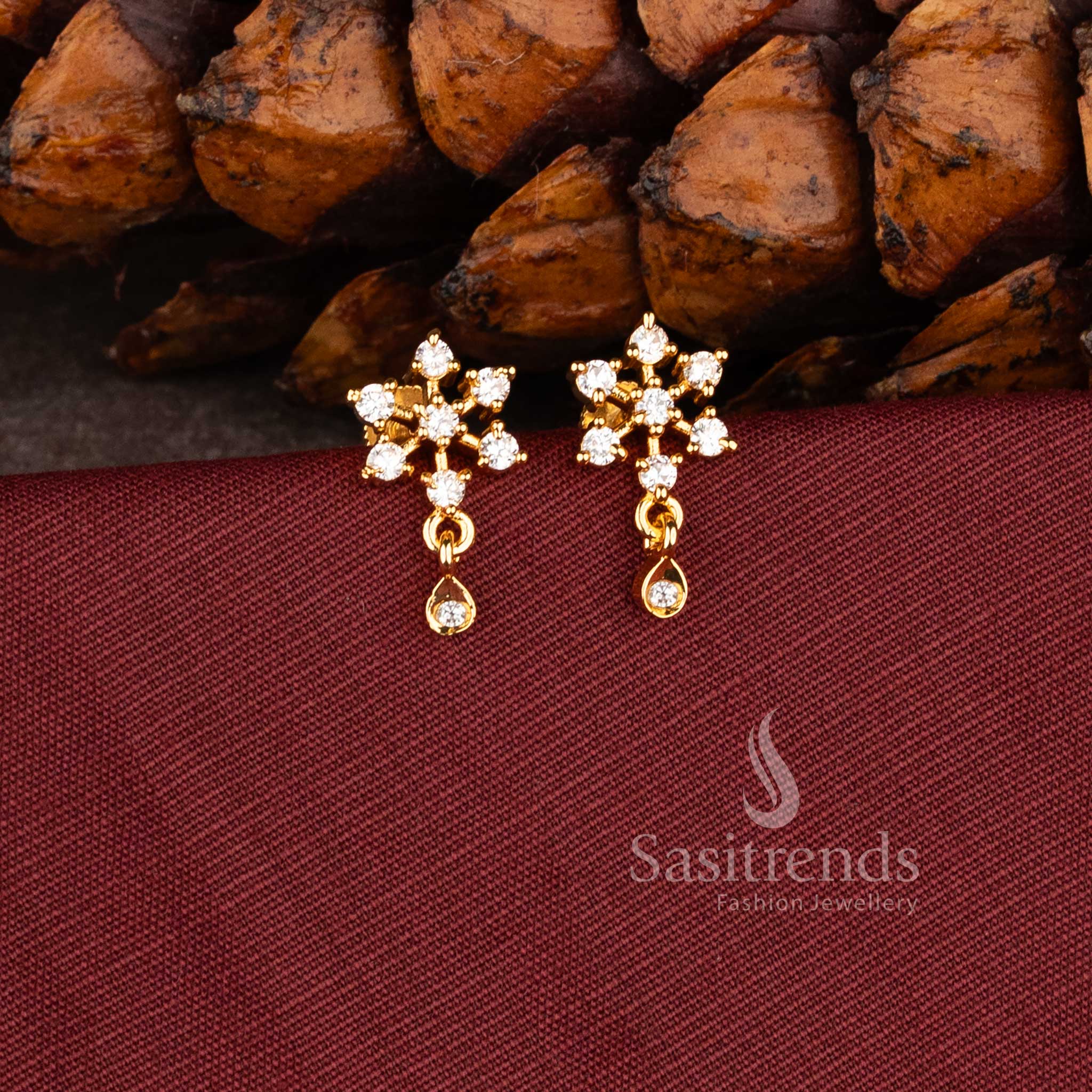 Trendy micro gold plated floral drop earrings with sparkling white stones - Sasitrends