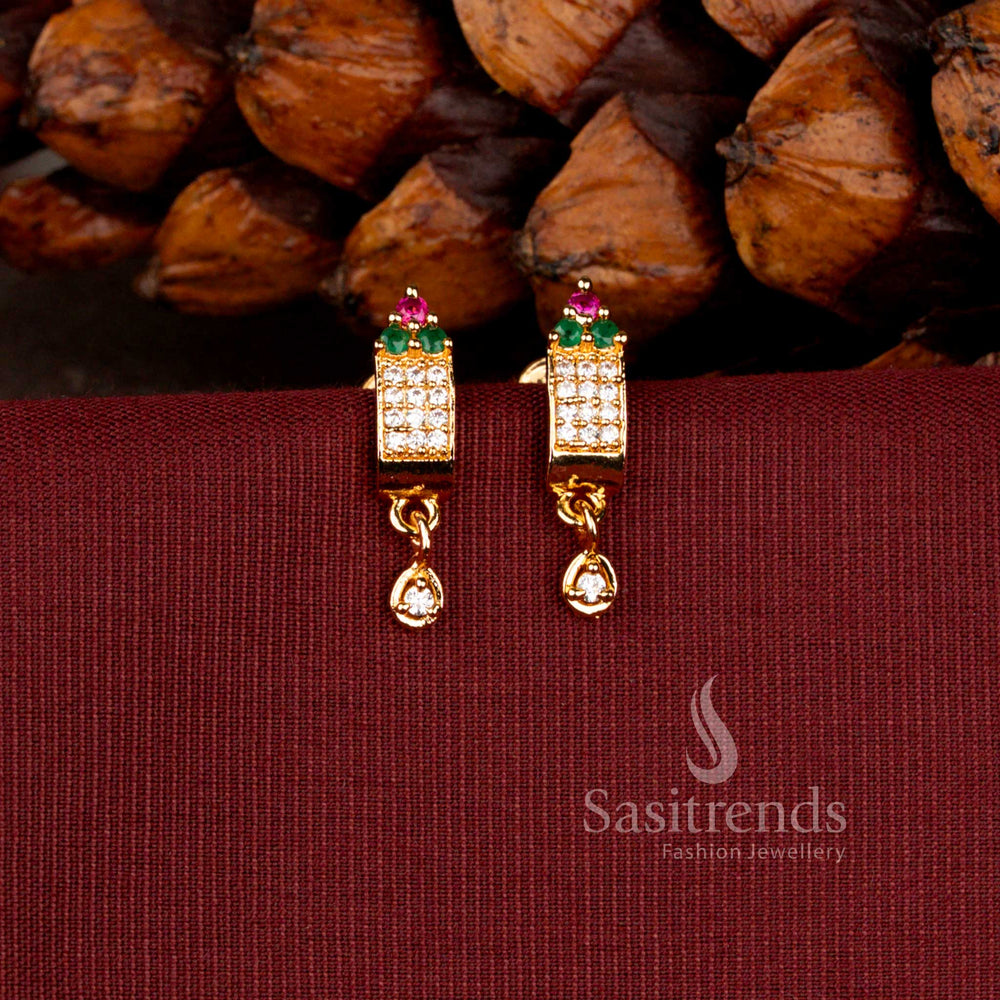 Micro Gold Plated American Diamond Rectangular Drop Earrings with Elegant Dangle Accent - Sasitrends