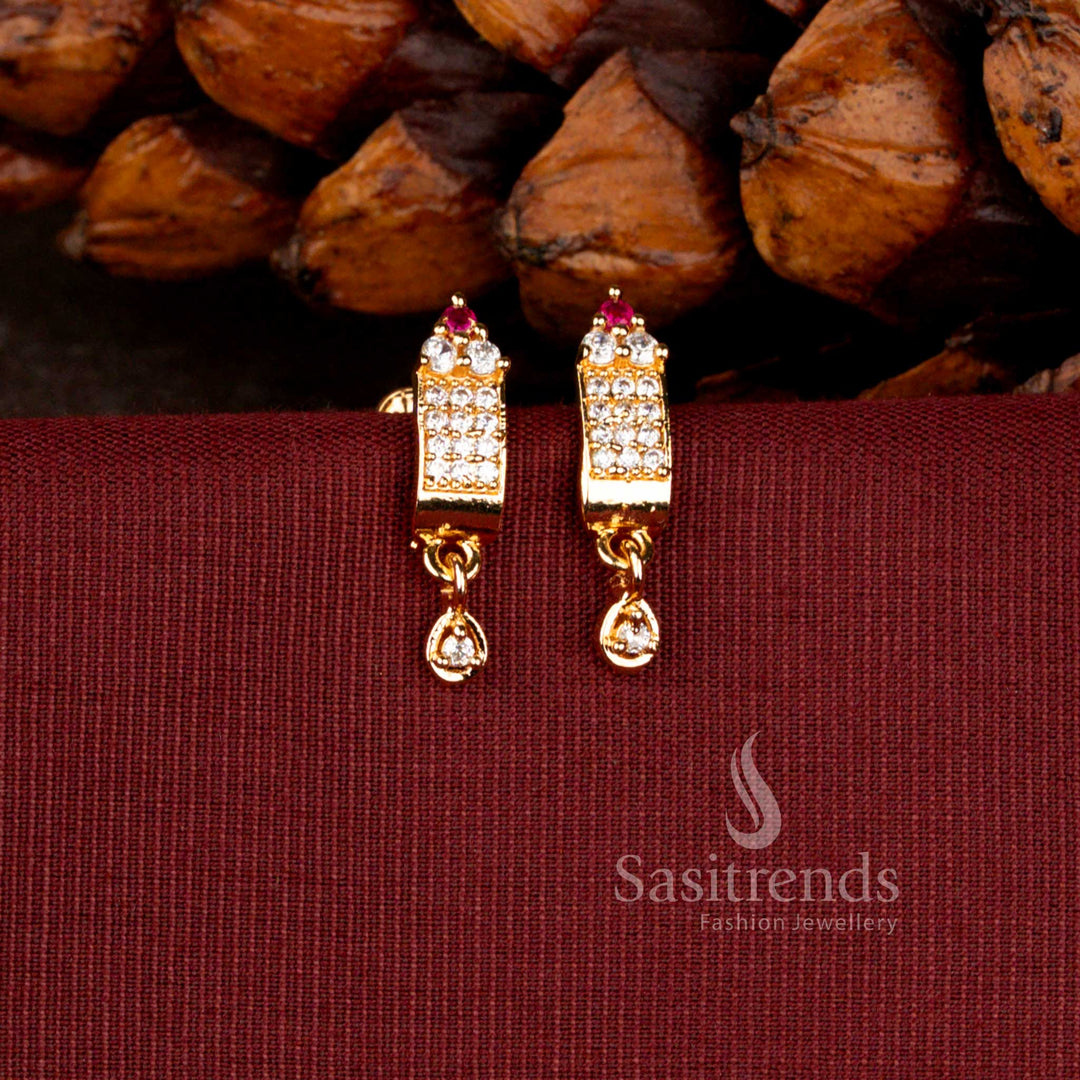 Micro Gold Plated American Diamond Rectangular Drop Earrings with Elegant Dangle Accent - Sasitrends