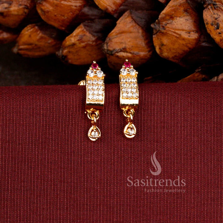 Micro Gold Plated American Diamond Rectangular Drop Earrings with Elegant Dangle Accent - Sasitrends