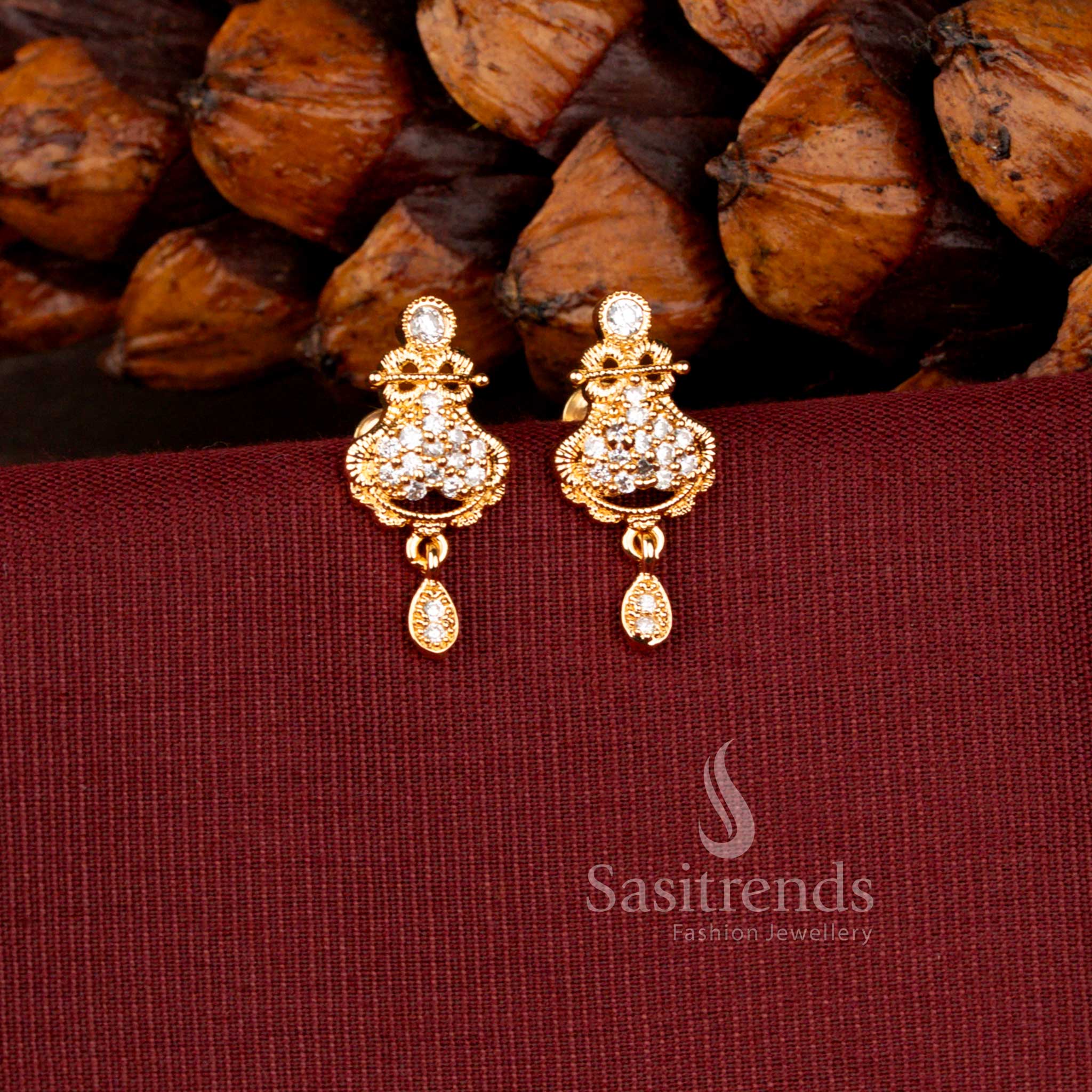 Micro Gold Plated American Diamond Ornate Floral Drop Earrings for Women - Sasitrends