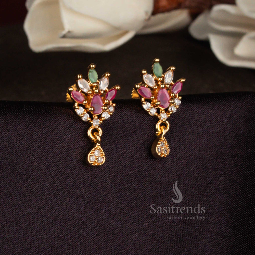American Diamond micro gold plated lotus teardrop cluster drop stud earrings - Sasitrends