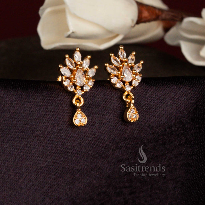 American Diamond Micro Gold Plated Lotus Teardrop Cluster Drop Stud Earrings for Functions, Celebrations & Refined Styling