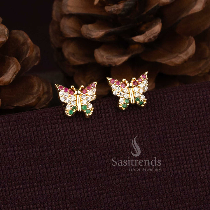 Micro gold plated butterfly earrings with pink white and green stones  