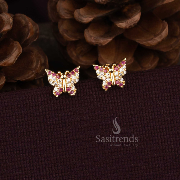 Micro gold plated butterfly earrings with pink white and green stones   - Sasitrends