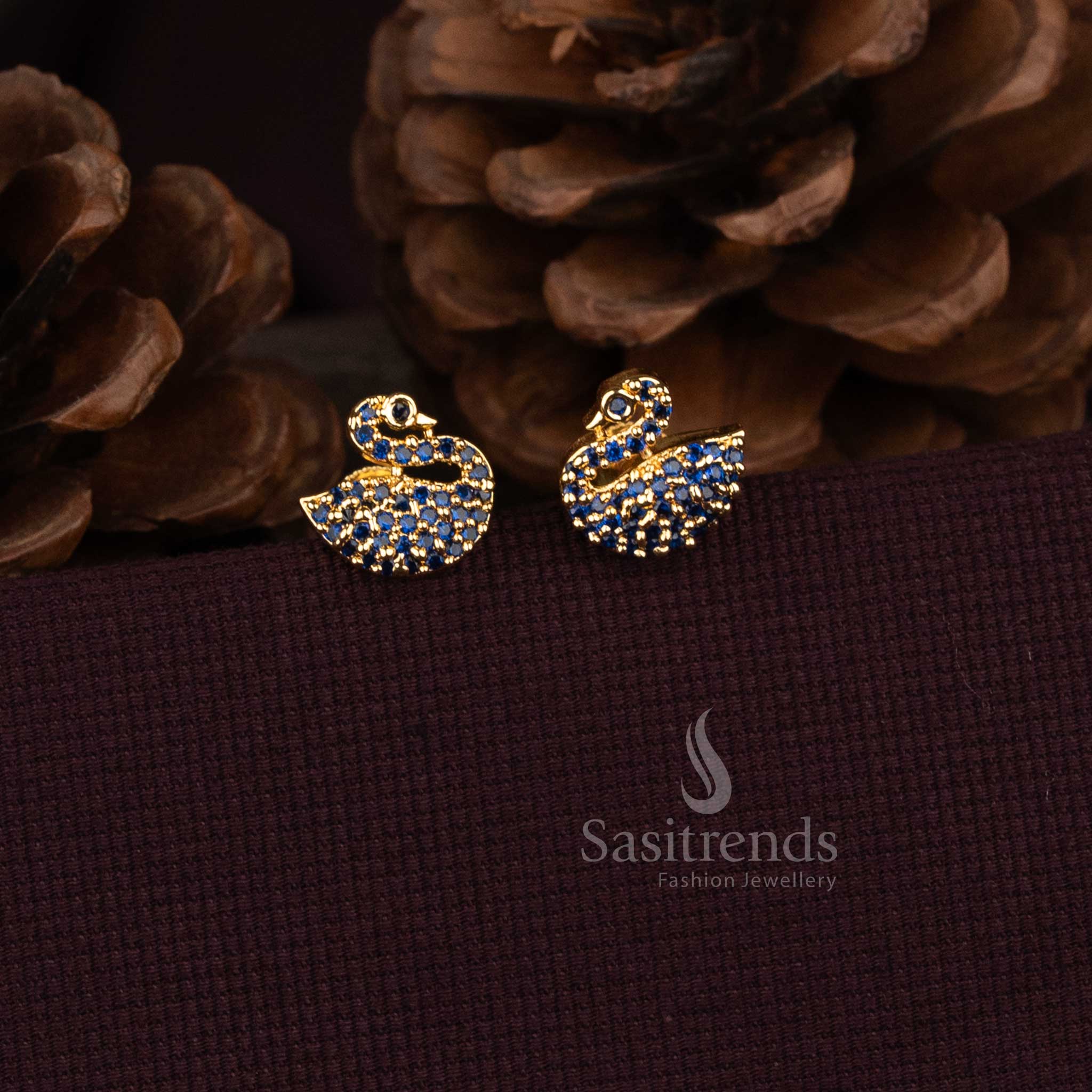 Sasitrends micro gold plated American diamond swan motif stud earrings with pavé stone detailing  