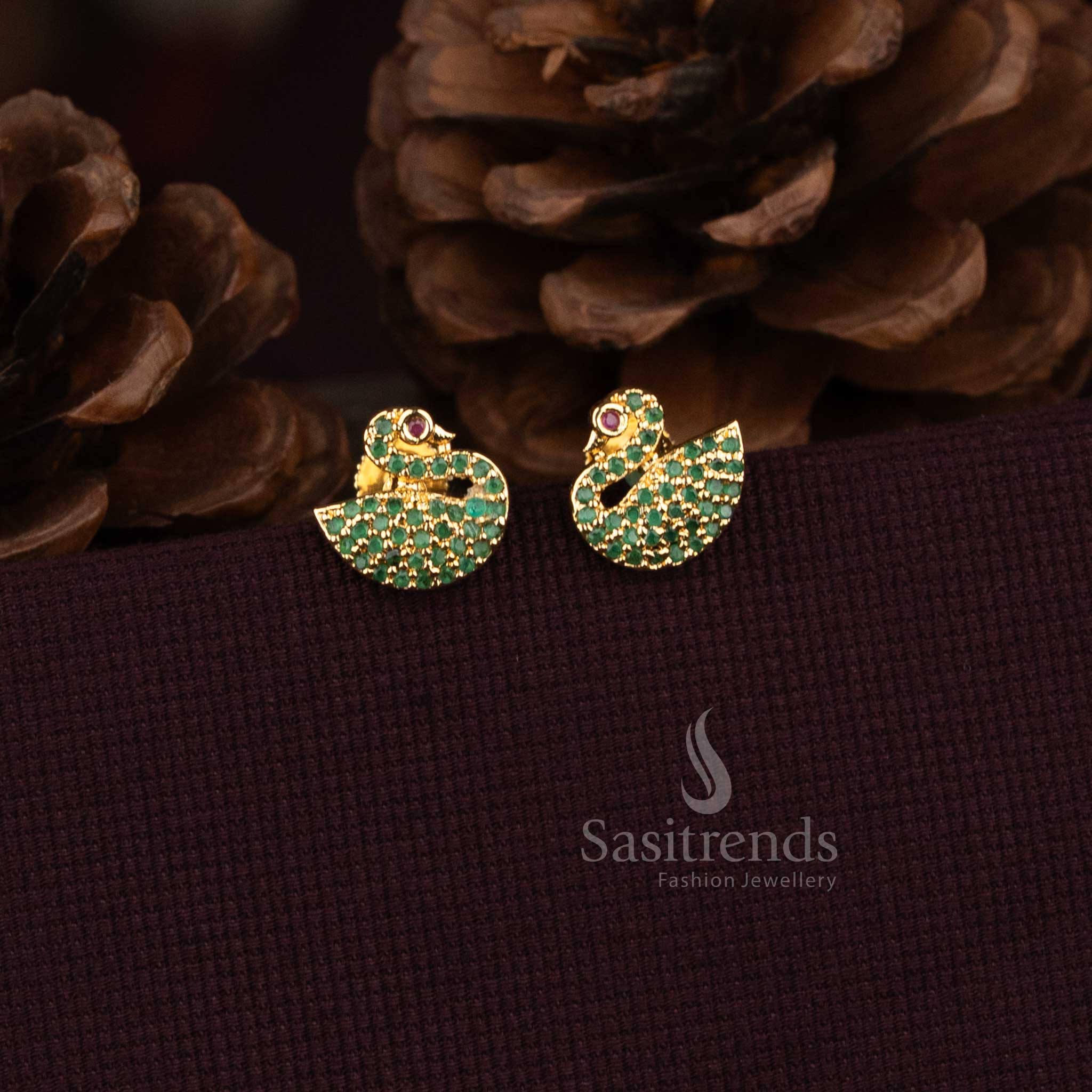 Sasitrends micro gold plated American diamond swan motif stud earrings with pavé stone detailing  