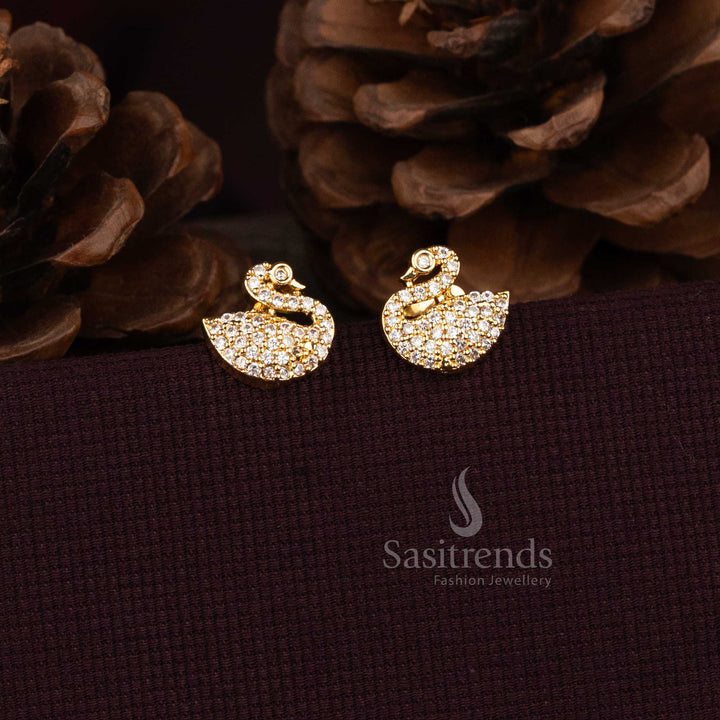 Micro Gold Plated American Diamond Swan Motif Stud Earrings with Pavé Setting and Elegant Curved Design