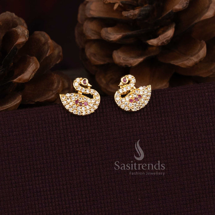 Sasitrends micro gold plated designer stud earrings featuring swan motif and detailed stone setting  