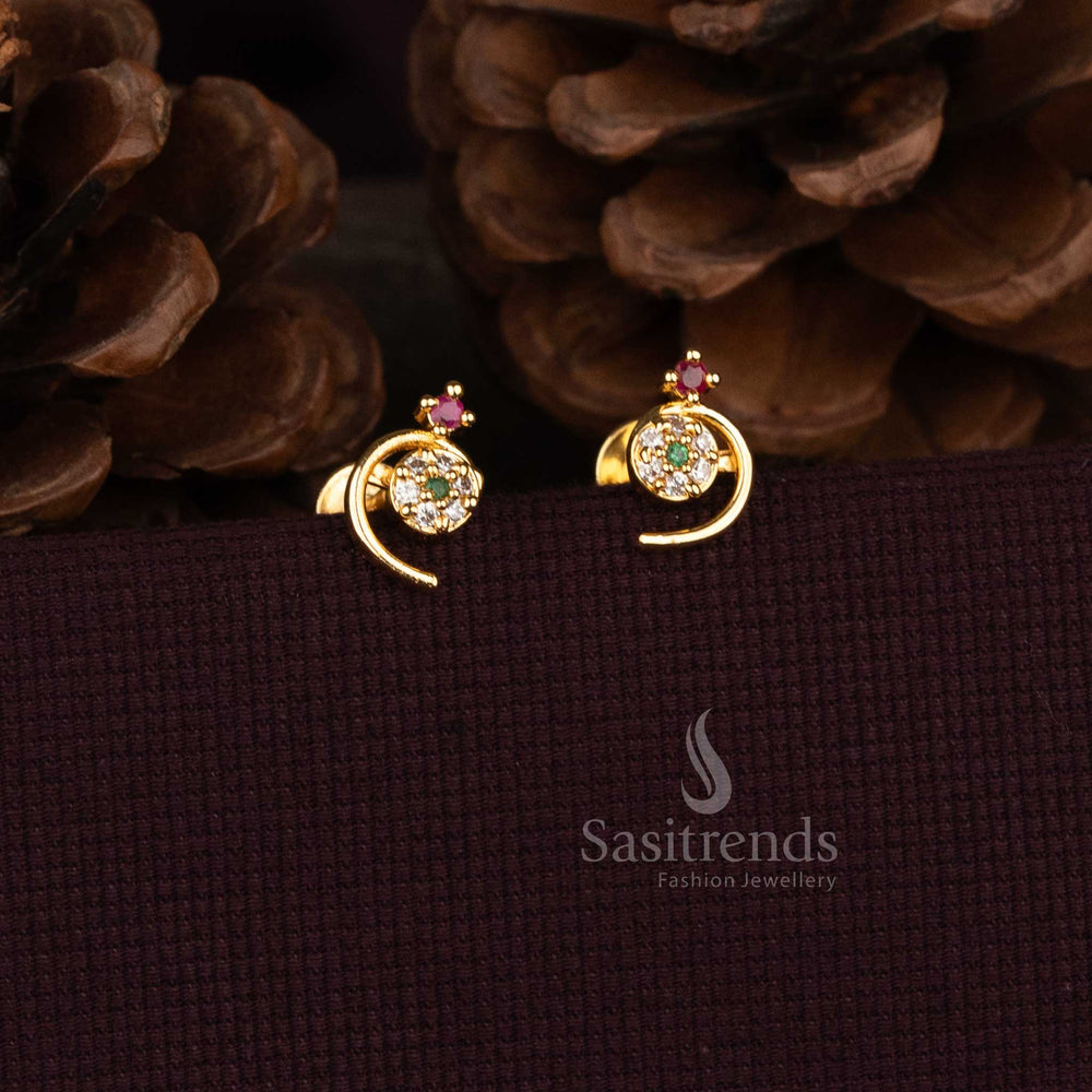 Sasitrends unique semi circular earrings with central AD stone cluster and curved gold frame  