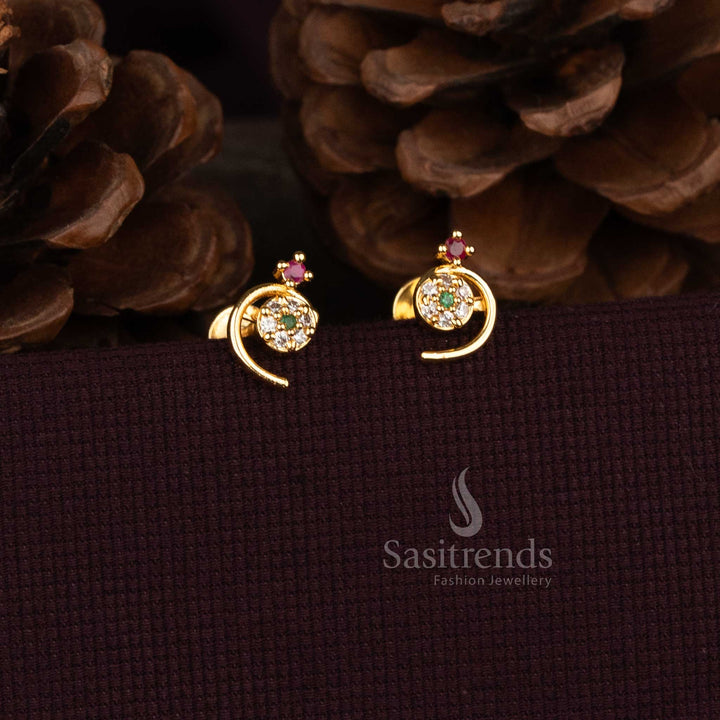 Sasitrends unique semi circular earrings with central AD stone cluster and curved gold frame  