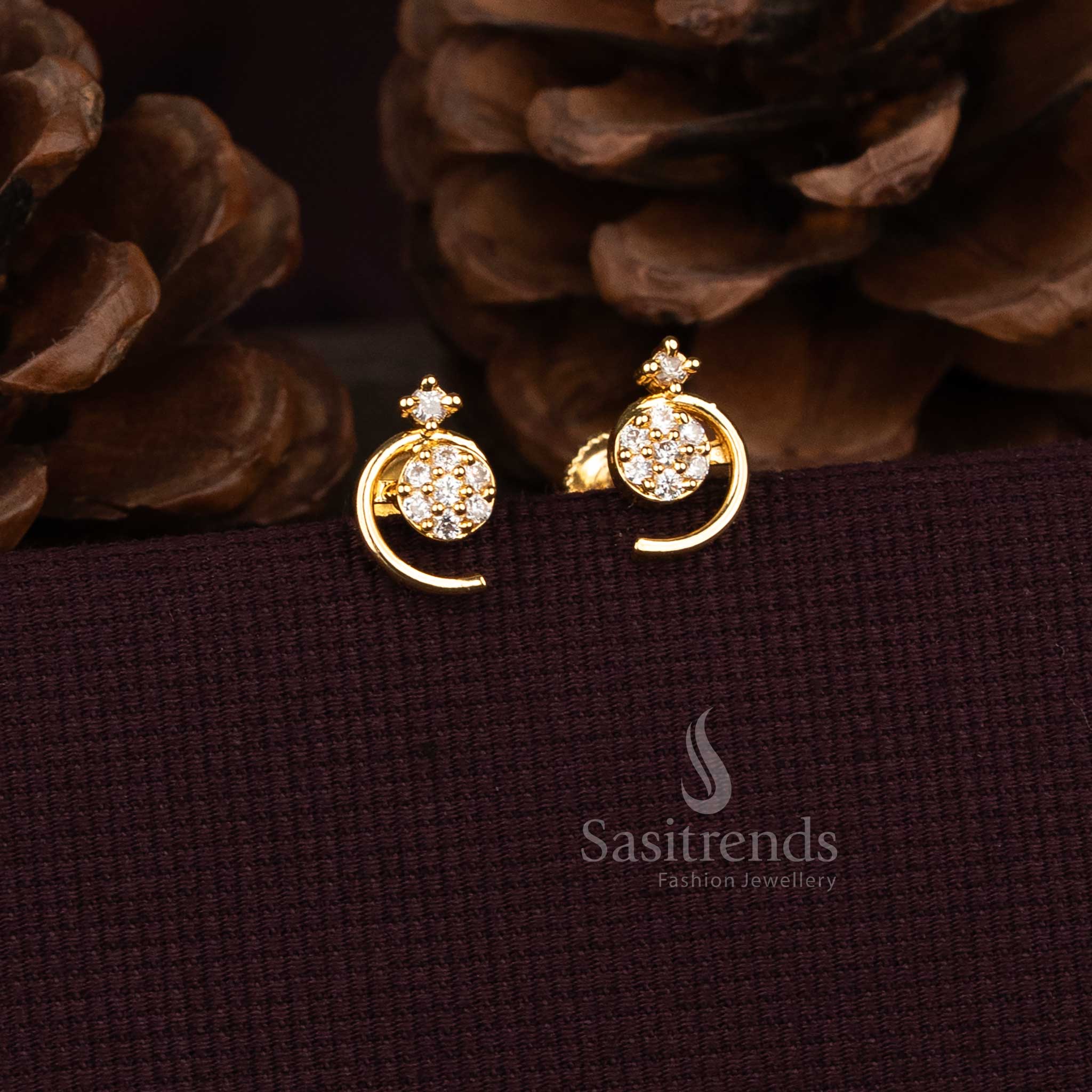 Sasitrends unique semi circular earrings with central AD stone cluster and curved gold frame 