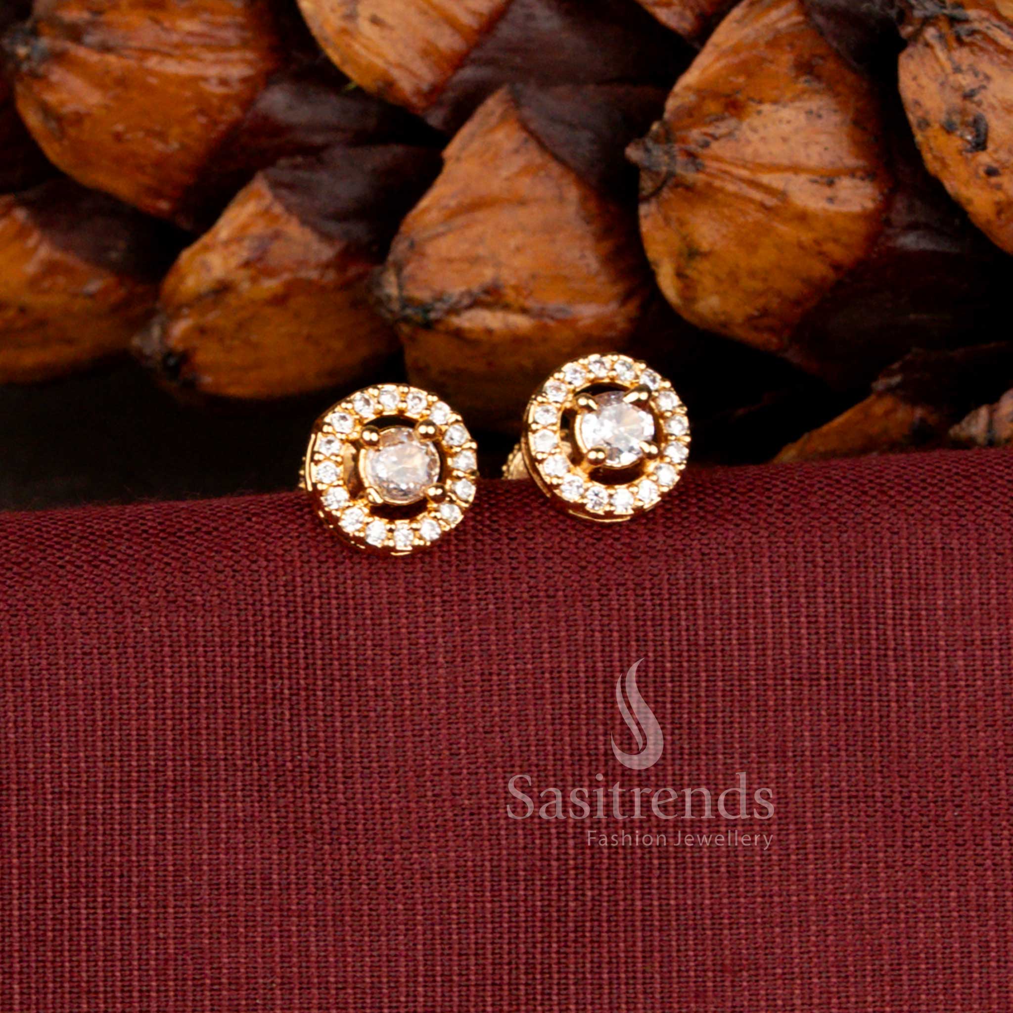 Elegant Round Halo Stud Earrings Featuring Brilliant American Diamond Stone Detailing - Sasitrends