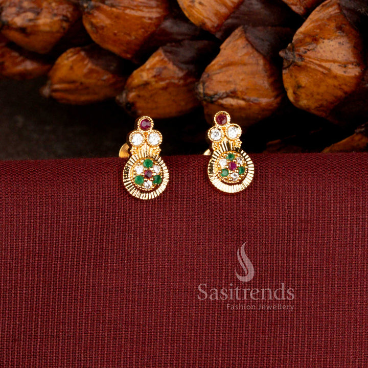 Designer Micro Gold Plated American Diamond Circular Stud Earrings Featuring Textured Medallion Pattern - Sasitrends