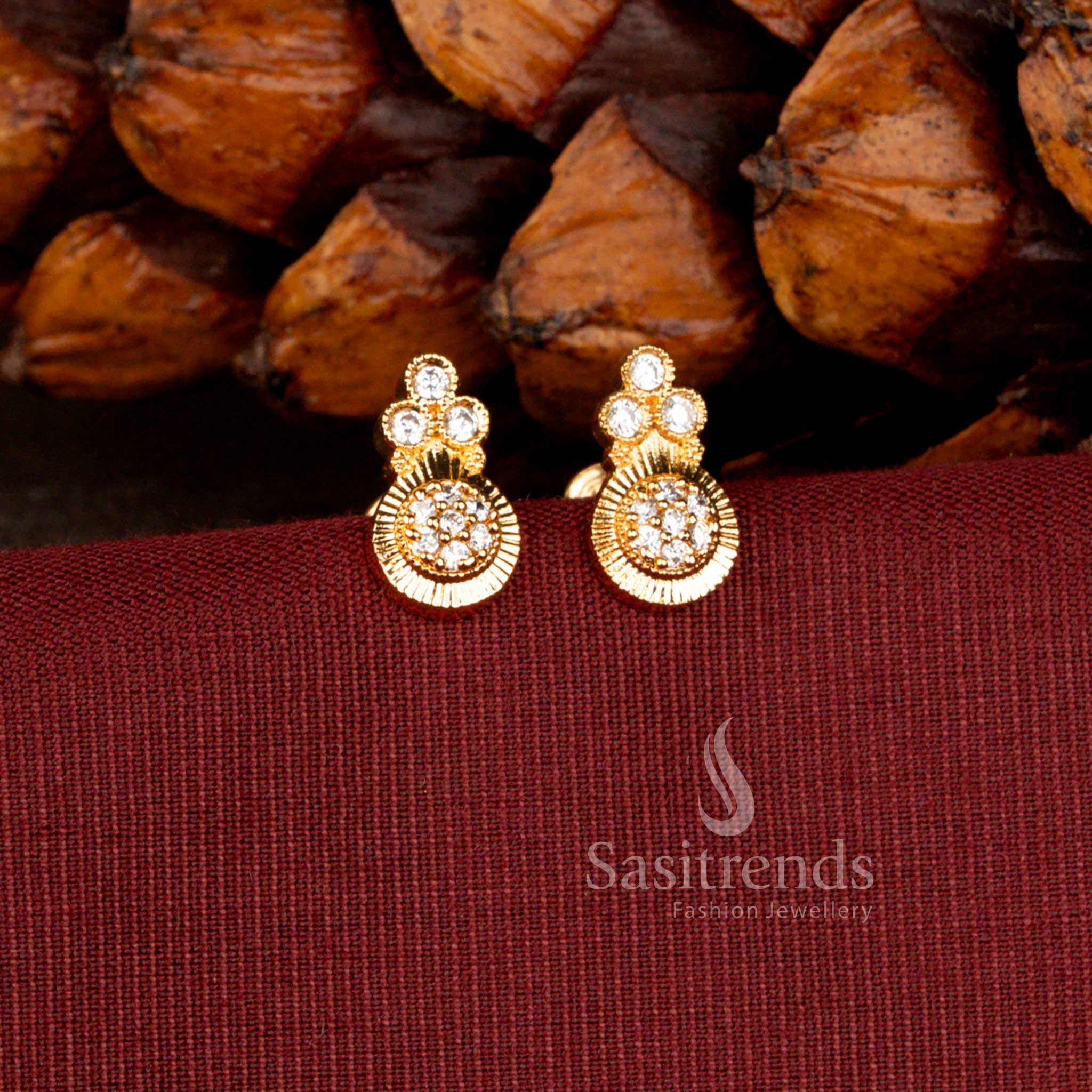 Micro Gold Plated American Diamond Dual Layer Medallion Stud Earrings for Women with Intricate Circular Design - Sasitrends