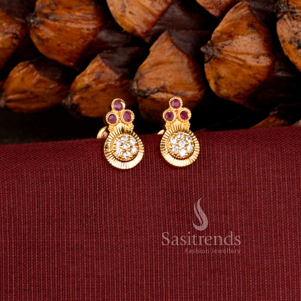 Designer Micro Gold Plated American Diamond Circular Stud Earrings Featuring Textured Medallion Pattern - Sasitrends