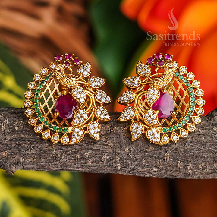 Feathered Elegance Peacock Stud Earrings-Temple Matte Gold Plated AD Earrings | Sasitrends