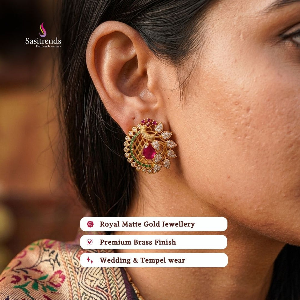 Premium temple matte gold plated earrings model image - Sasitrends