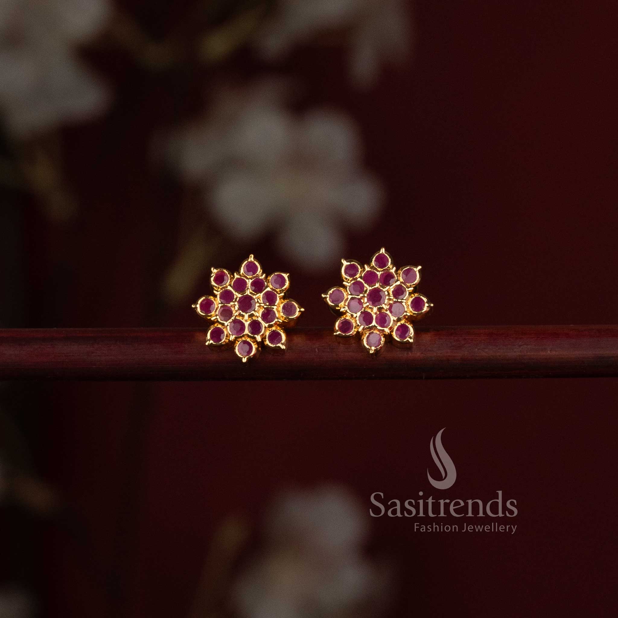 One Gram Micro Gold Plated Floral AD Stone Stud Earrings for Women - Sasitrends