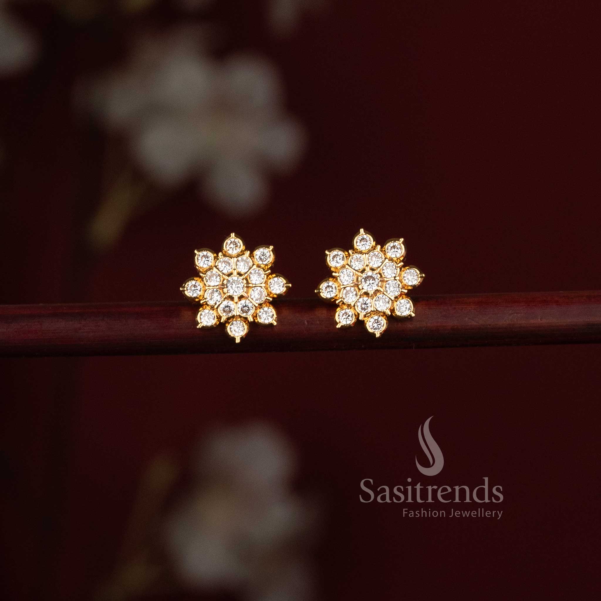One Gram 24K Micro Gold Plated Floral Cluster AD Stone Stud Earrings - Sasitrends
