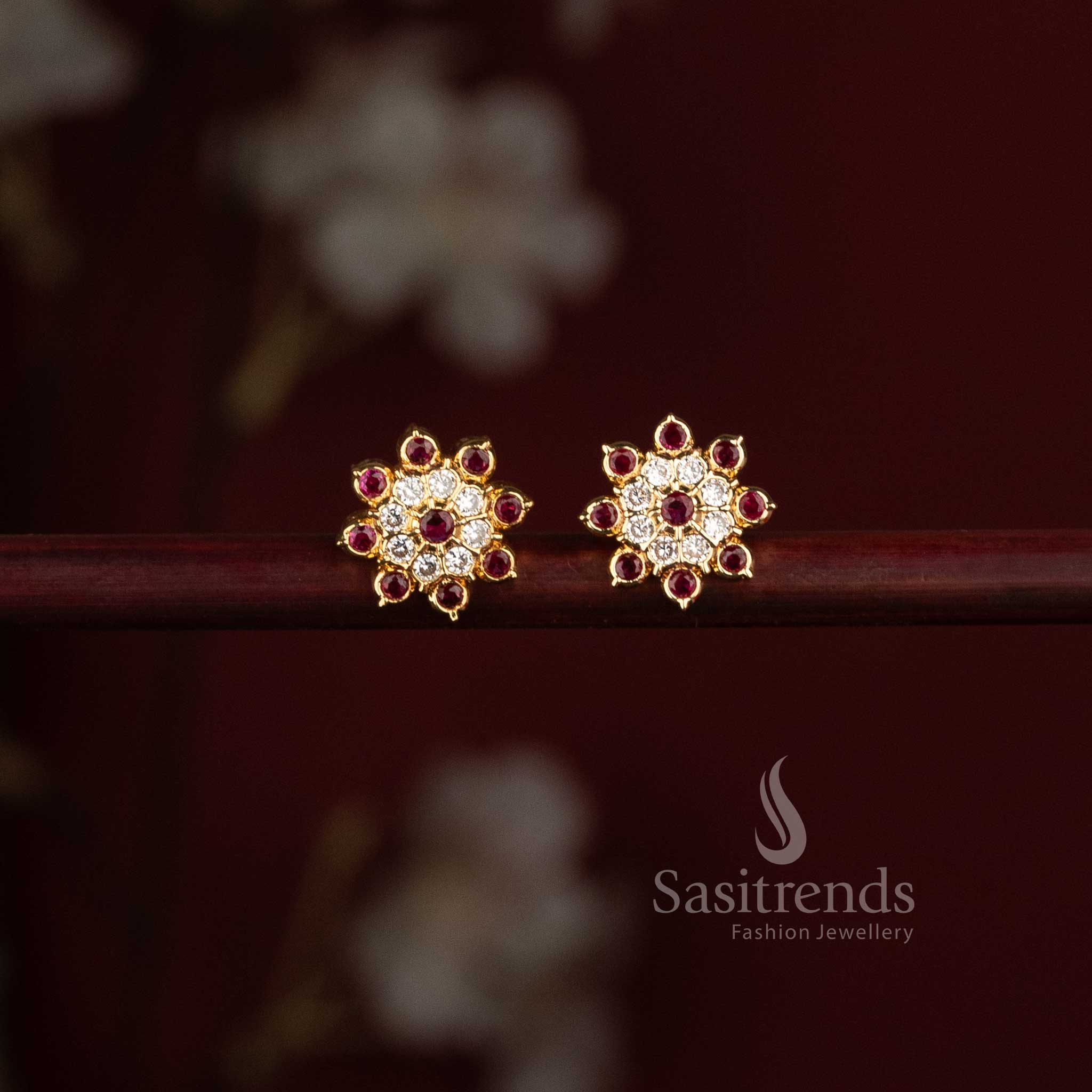 One Gram Micro Gold Plated Floral AD Stone Stud Earrings for Women - Sasitrends